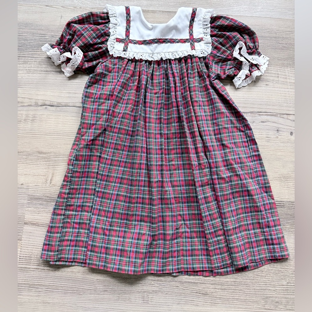 Vintage Bryan Red Plaid holiday prairie Dress With White Yoke With Lace